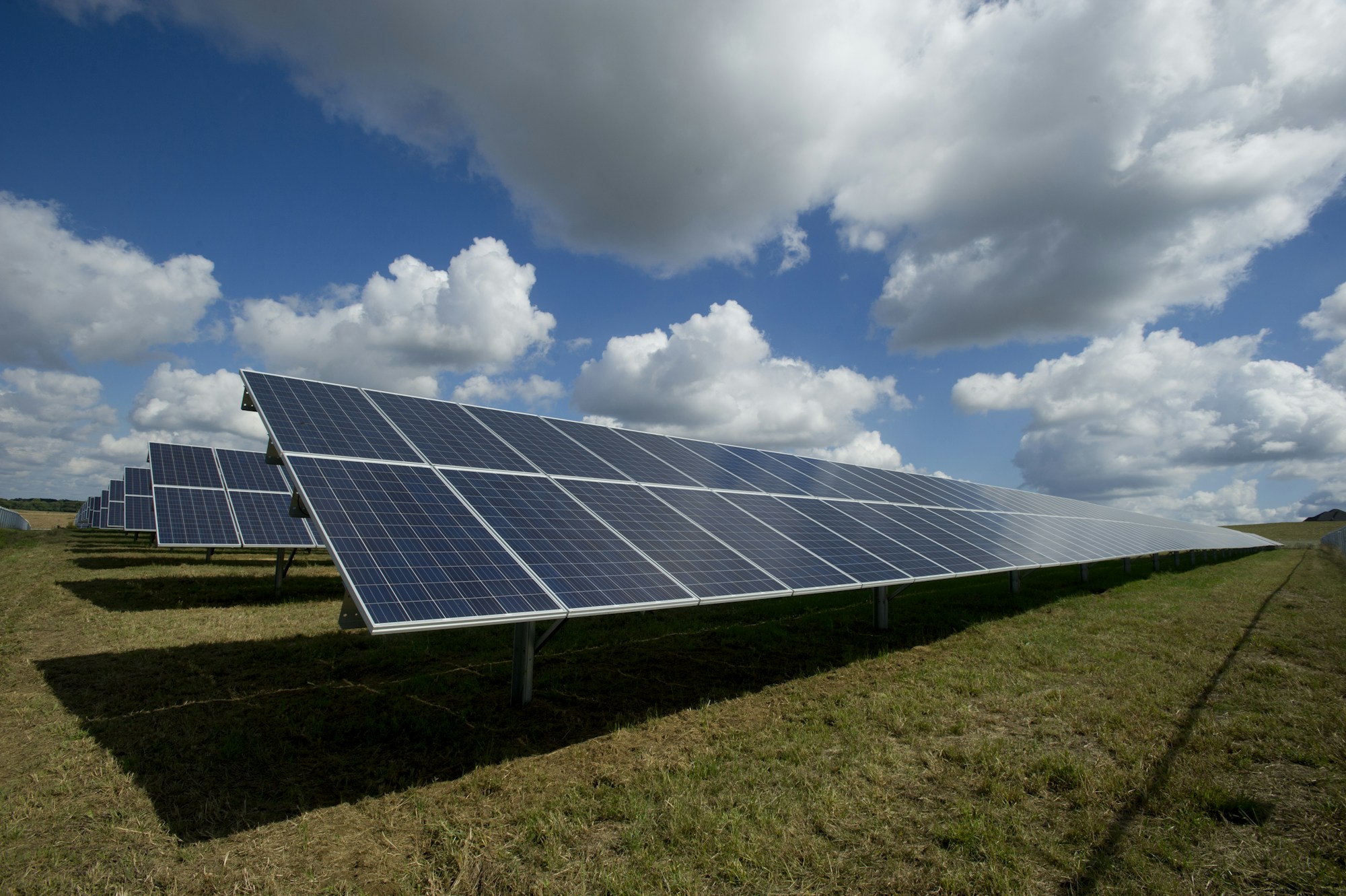 Solar panels installed across an open field